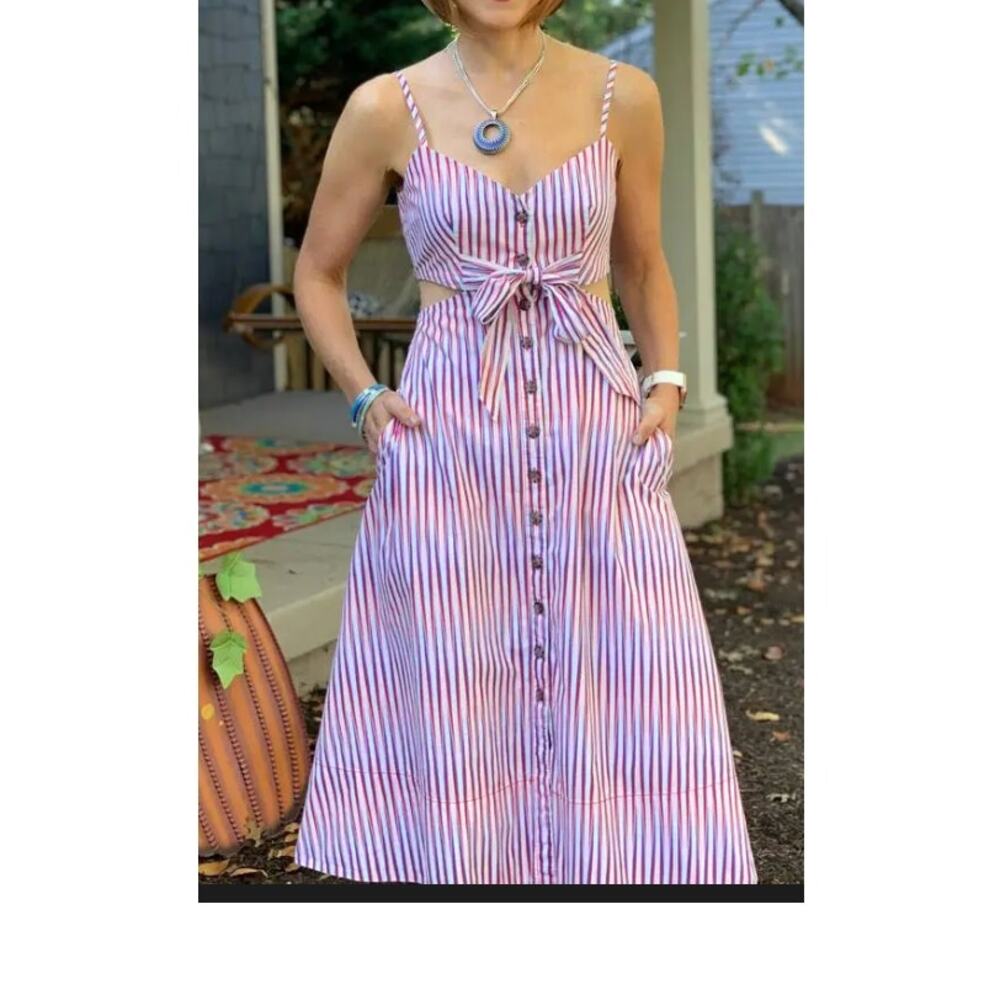 SALONI Midi Dress Striped Lea Cut Out Striped with Pockets Red White Blue Size 4